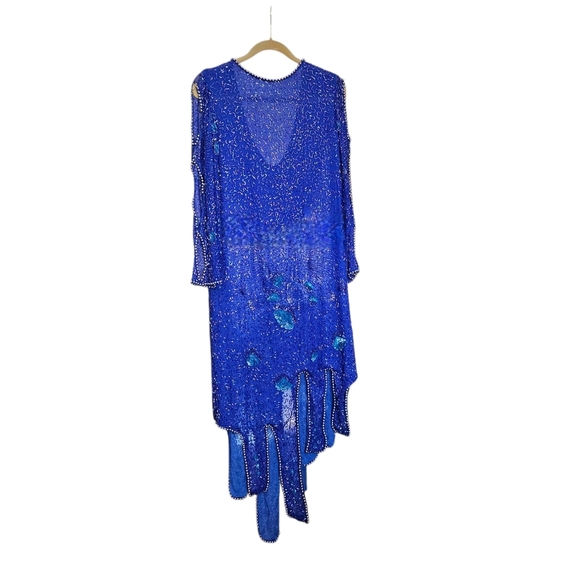 Vintage Royal Blue Beaded Sequin Dress Handkerchief Hem Evening Gown Medium - Picture 2 of 7